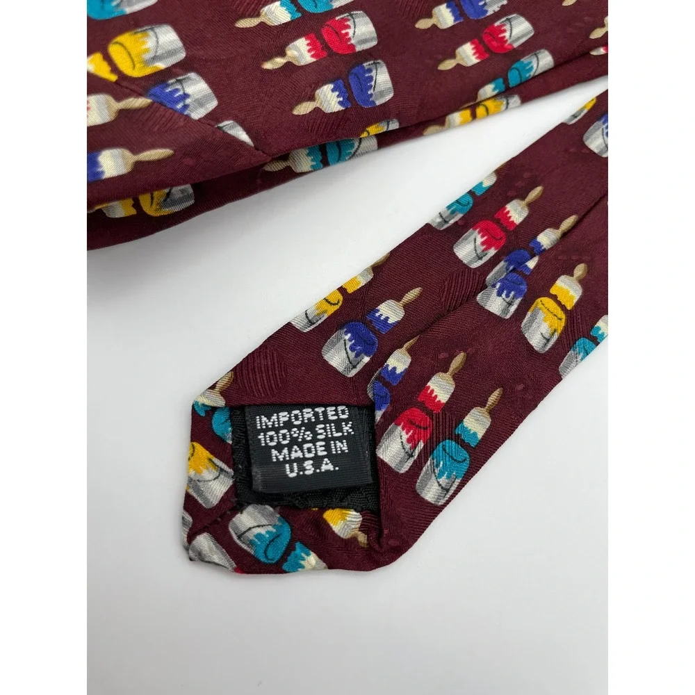Joe Boxer Mens Silk Tie Burgundy Wet Paint Cans Brushes Art Novelty Made in USA